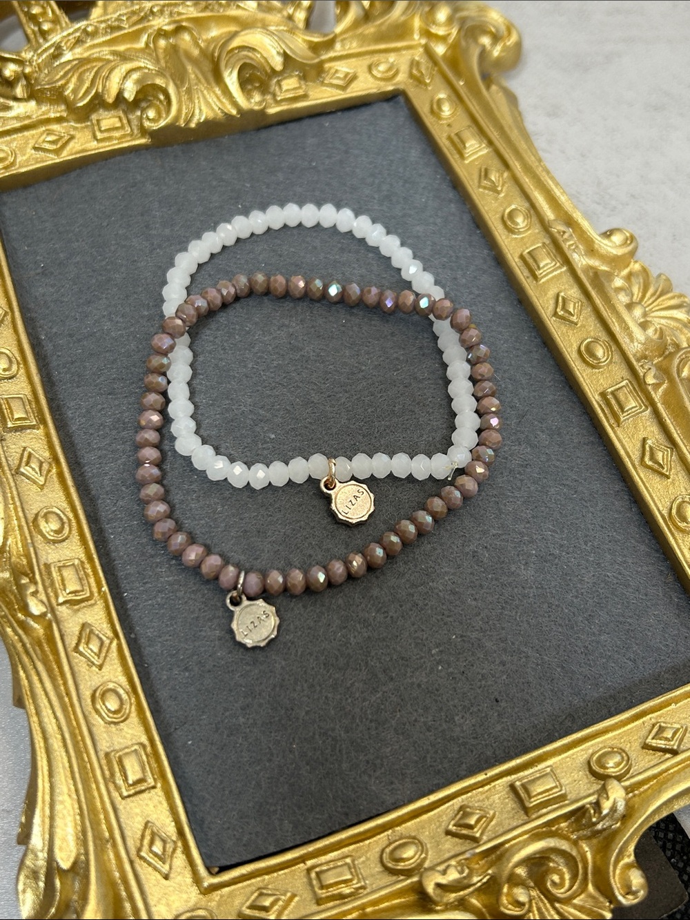 Women's Two-Piece White and Purplish Taupe Crystal Beaded Bracelets